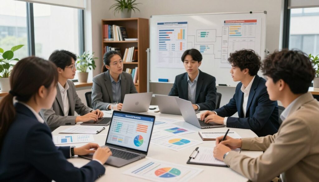 A busy university office space featuring a diverse group of professional student advisors, dressed in business attire, gathered around a large table covered in charts and graphs. In the foreground, a laptop with the "Successful Graduate" logo is open, displaying colorful infographics on employability metrics. The advisors are engaged in an animated discussion, highlighting the challenge of data overload. In the middle ground, a whiteboard filled with complex evaluation frameworks showcasing metrics and statistics is visible. The background includes a bookshelf filled with educational resources and plants, enhancing the scholarly atmosphere. Soft natural light filters through large windows, creating a warm and inviting mood. The camera angle is slightly elevated, capturing the intensity of the brainstorming session while emphasizing collaboration. A busy university office space featuring a diverse group of professional student advisors, dressed in business attire, gathered around a large table covered in charts and graphs. In the foreground, a laptop with the "Successful Graduate" logo is open, displaying colorful infographics on employability metrics. The advisors are engaged in an animated discussion, highlighting the challenge of data overload. In the middle ground, a whiteboard filled with complex evaluation frameworks showcasing metrics and statistics is visible. The background includes a bookshelf filled with educational resources and plants, enhancing the scholarly atmosphere. Soft natural light filters through large windows, creating a warm and inviting mood. The camera angle is slightly elevated, capturing the intensity of the brainstorming session while emphasizing collaboration.