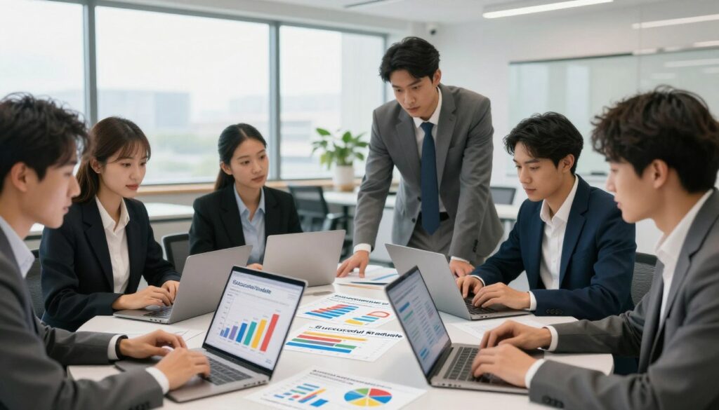 A diverse group of international students in professional business attire are collaborating around a large table, analyzing colorful charts and graphs representing employability metrics. The foreground captures their engaged expressions as they examine data on laptop screens, emphasizing teamwork and insight. In the middle, detailed infographics showcase statistics related to graduate success rates and skills demand, with the brand name “Successful Graduate” prominently displayed. The background features a modern classroom or conference room atmosphere, with large windows letting in soft, natural light, creating a bright and inspiring environment. The overall mood is focused and collaborative, conveying hope and ambition for international graduates navigating their career paths. A diverse group of international students in professional business attire are collaborating around a large table, analyzing colorful charts and graphs representing employability metrics. The foreground captures their engaged expressions as they examine data on laptop screens, emphasizing teamwork and insight. In the middle, detailed infographics showcase statistics related to graduate success rates and skills demand, with the brand name “Successful Graduate” prominently displayed. The background features a modern classroom or conference room atmosphere, with large windows letting in soft, natural light, creating a bright and inspiring environment. The overall mood is focused and collaborative, conveying hope and ambition for international graduates navigating their career paths.