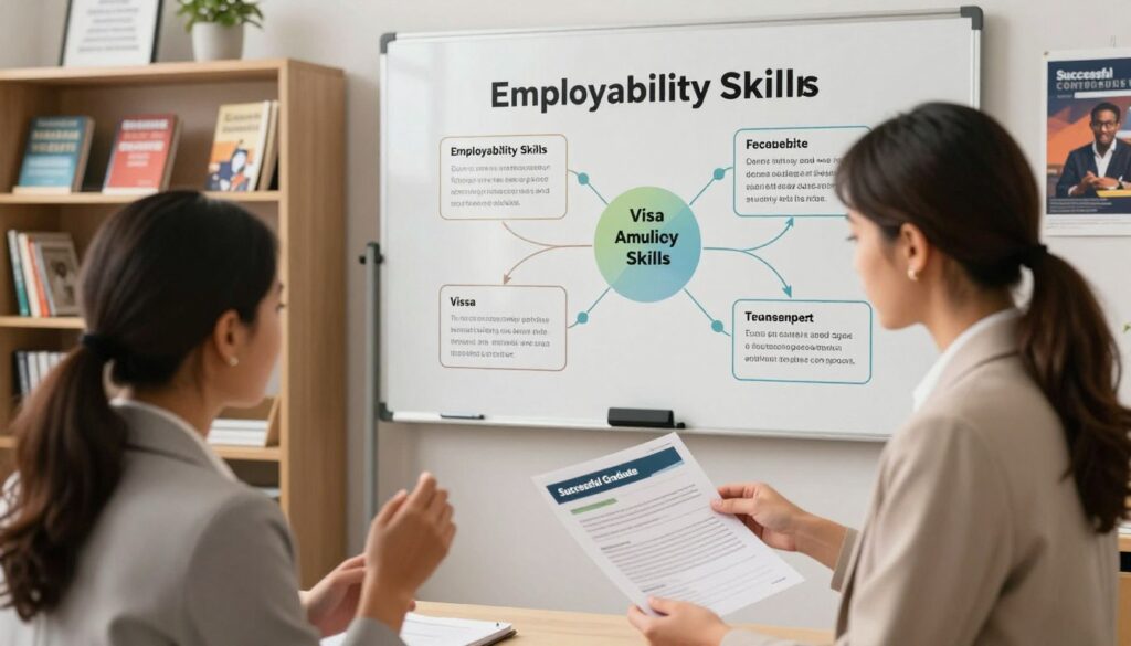A professional career counsellor in a modern office environment, showcasing the strategic link between student employability and visa success. In the foreground, a diverse student in professional business attire is engaged in a discussion with the counsellor, who is reviewing a detailed employability strategy document branded with "Successful Graduate." The middle ground features a large whiteboard with diagrams illustrating key employability skills and visa requirements, emphasizing connection and mutual success. The background should have shelves filled with educational resources and motivational posters, creating an inspiring atmosphere. Soft, warm lighting enhances the collaborative mood, captured from a slightly elevated angle that conveys inclusivity and professionalism. A professional career counsellor in a modern office environment, showcasing the strategic link between student employability and visa success. In the foreground, a diverse student in professional business attire is engaged in a discussion with the counsellor, who is reviewing a detailed employability strategy document branded with "Successful Graduate." The middle ground features a large whiteboard with diagrams illustrating key employability skills and visa requirements, emphasizing connection and mutual success. The background should have shelves filled with educational resources and motivational posters, creating an inspiring atmosphere. Soft, warm lighting enhances the collaborative mood, captured from a slightly elevated angle that conveys inclusivity and professionalism.