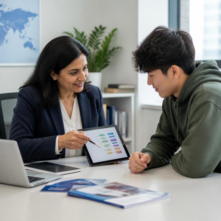 International student agent counsellor utilising graduate employability metrics to guide a student